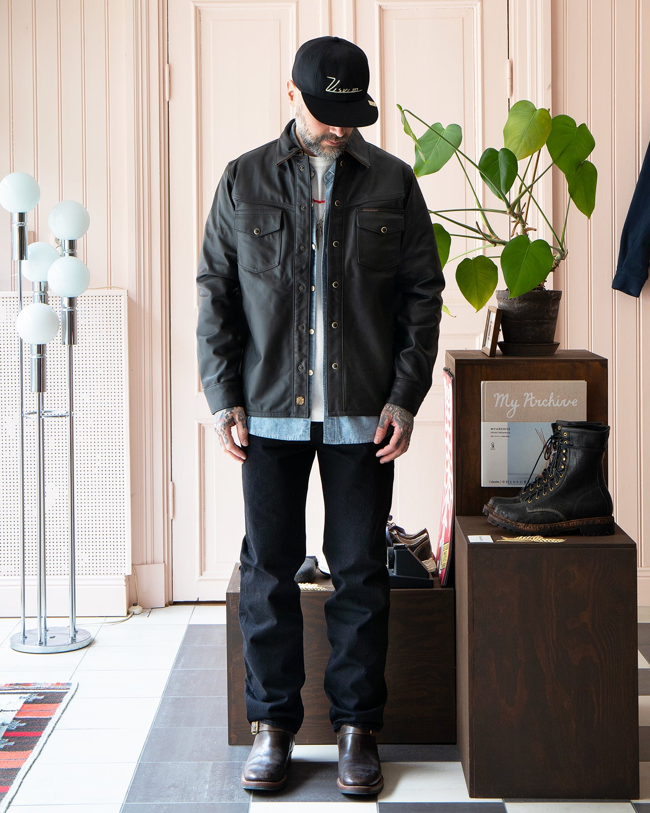 Indigofera Austin Leather Shirt, Navak Light, Black Teacore