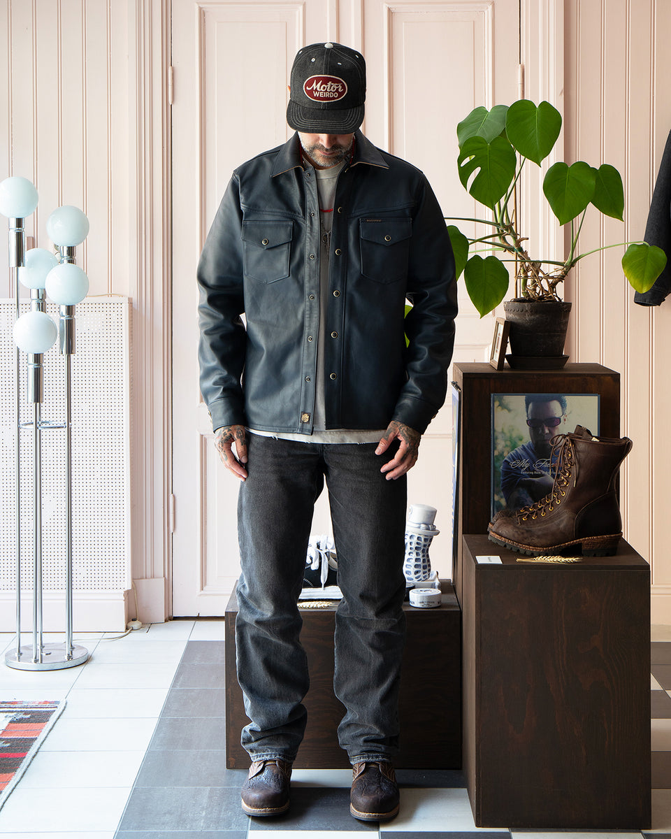 Indigofera Austin Leather Shirt, Navy Tea Core