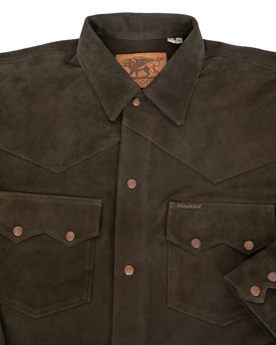 Indigofera Cooper Shirt, Goat Suede, Dark Olive