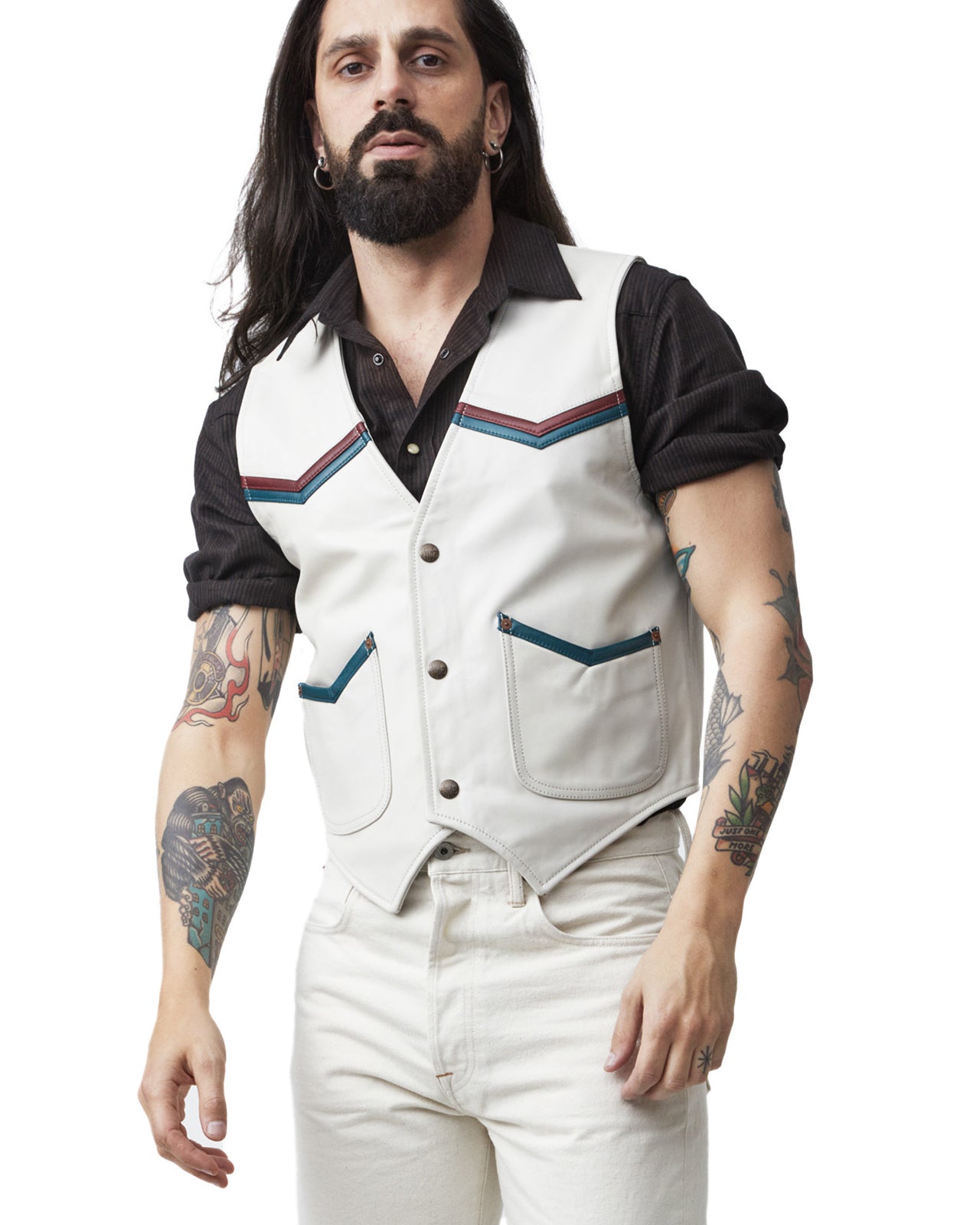 Indigofera Mahan Leather Vest, White Navak, White Teacore