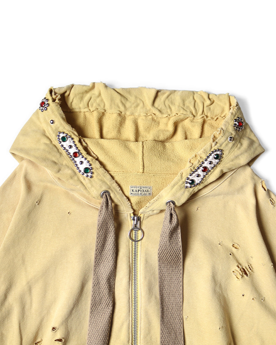 Kapital Sweat Knit Thriller Damaged Devil Hoodie Blouson, Studs Remake, Yellow