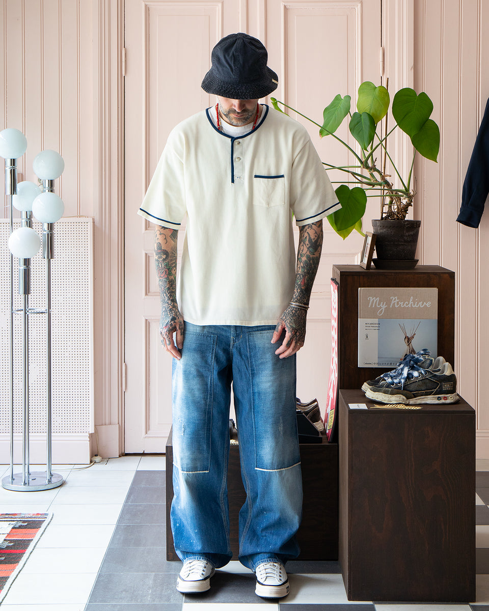 Porter Classic Summer Cotton Henley Neck T-shirt, White / Blue